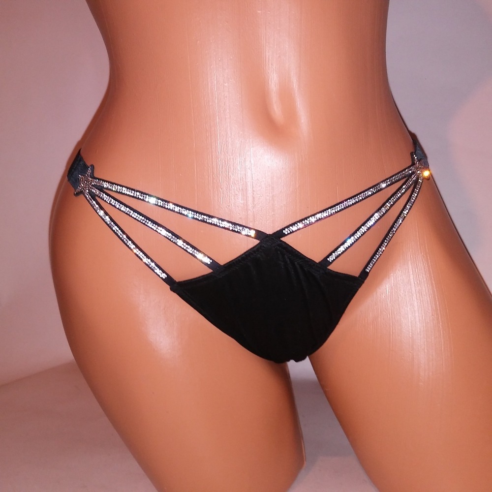 Victoria Secret Panty Medium High Leg Tanga Black Shine Strap Shooting Stars New